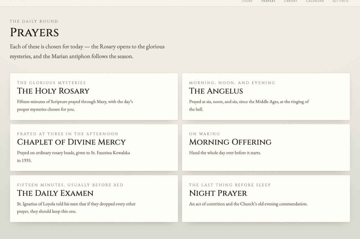 The Sancti prayers screen: six cards for the Rosary, Angelus, Chaplet of Divine Mercy, Morning Offering, Daily Examen and Night Prayer